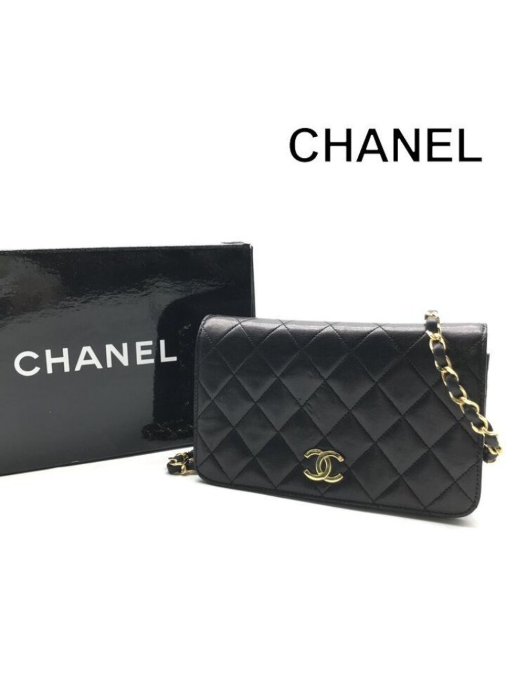 Chanel CC Logo Mini Quilted Chain Shoulder Bag Black Push Lock Lambskin